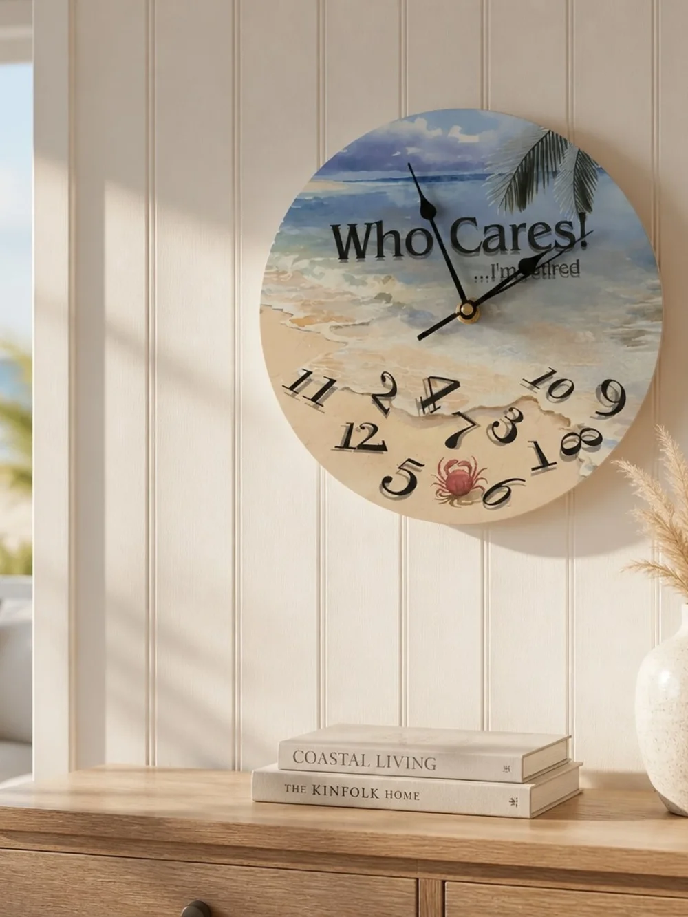 Coastal 'Who Cares' Beach Wall Clock - Blue and Sand